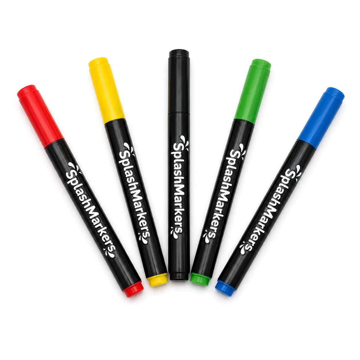 Five SplashMarkers in red, yellow, black, green, and blue arranged on a white background