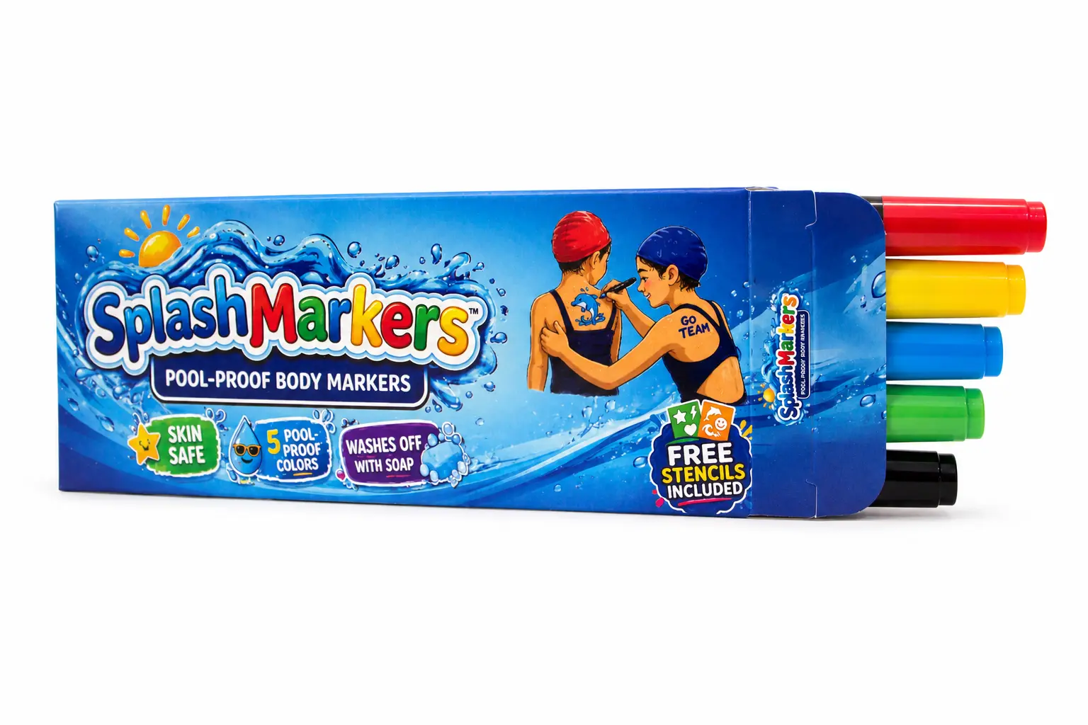 Open SplashMarkers box with red, yellow, blue, green, and black markers visible